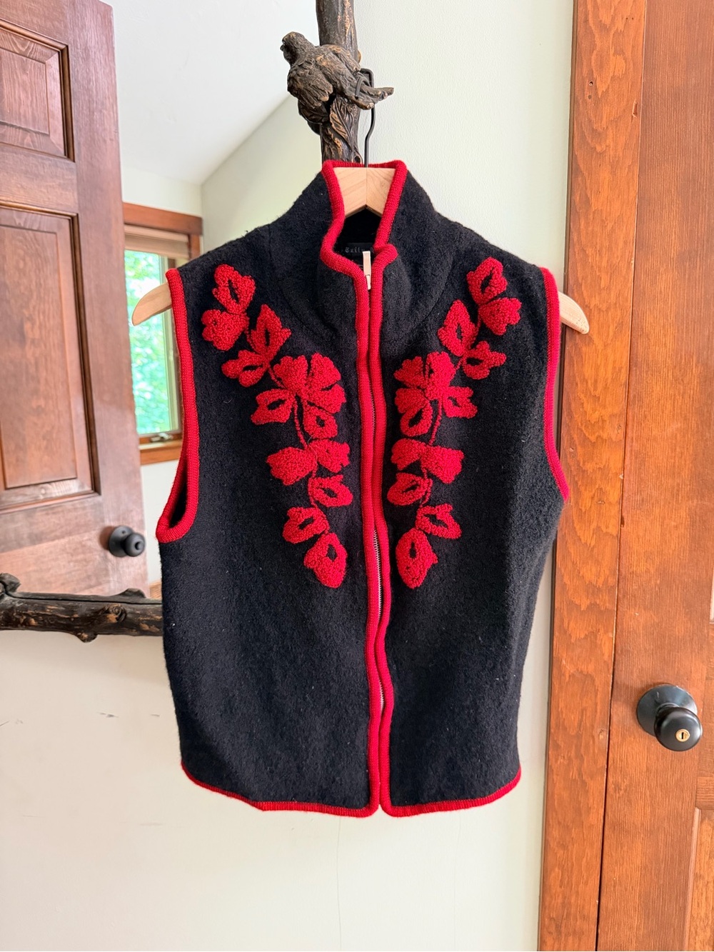 Tally Ho Black Wool Zip Vest with Red Floral Embroidery